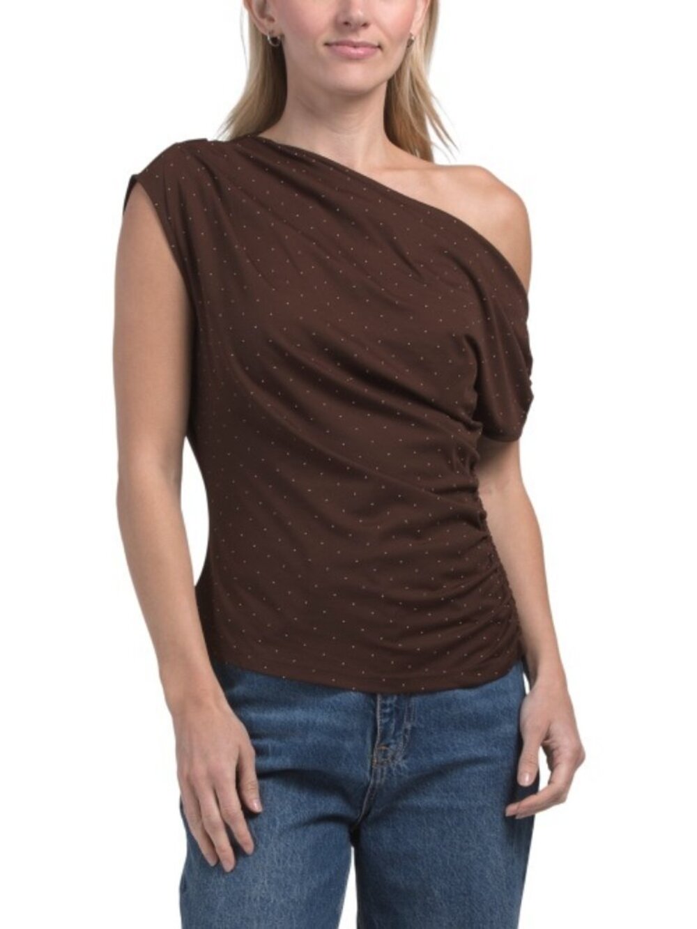 Short Sleeve Brown Top, S, MODERN WORKS One Shoulder Drapey Double Knit